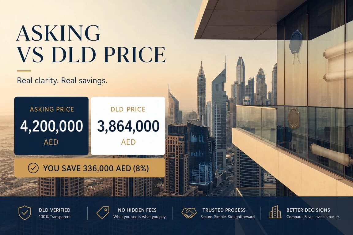 Dubai towers with asking price vs registered price comparison graphics