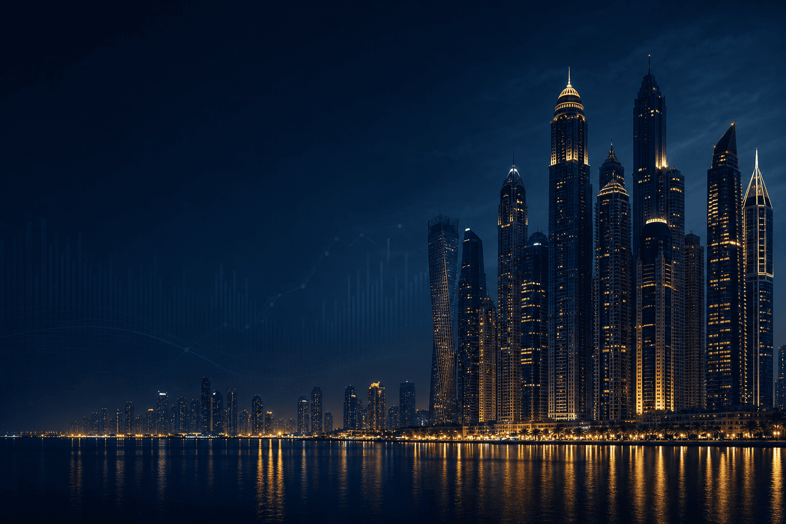 Dubai Marina skyline at night with property data visual layer